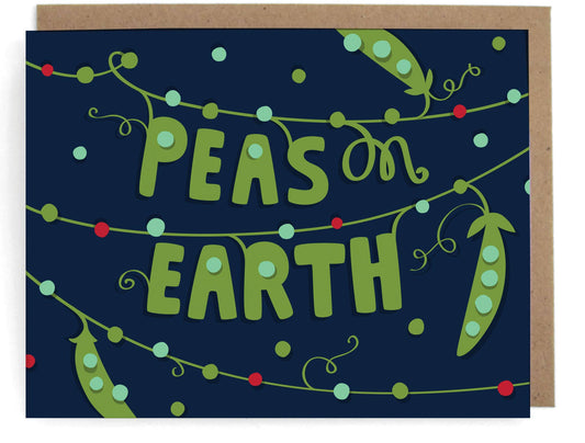 Greeting card with 'Peas on Earth' text and pea design on a dark blue background