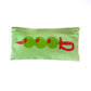 Green pouch with a red and green olive design on a white background