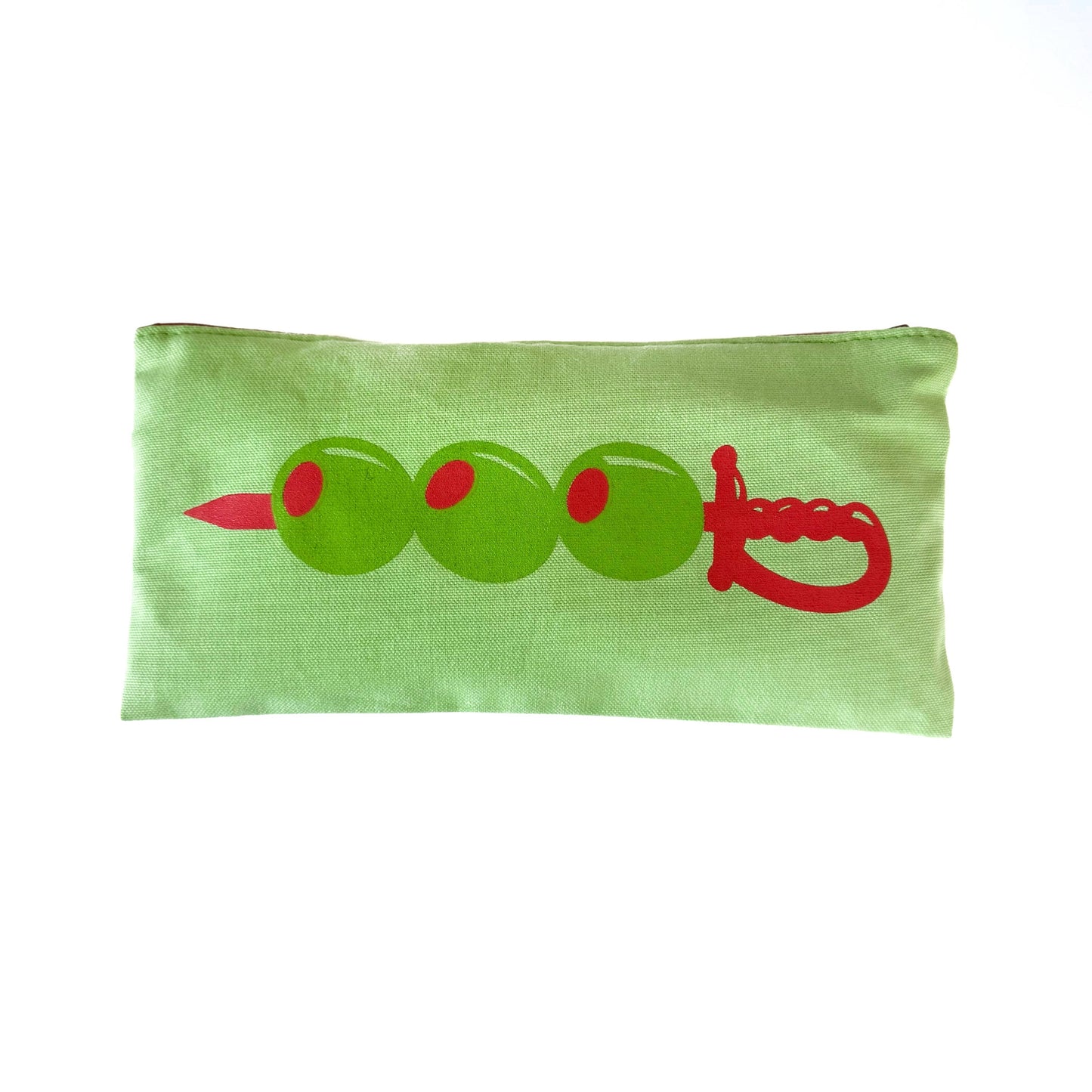 Green pouch with a red and green olive design on a white background