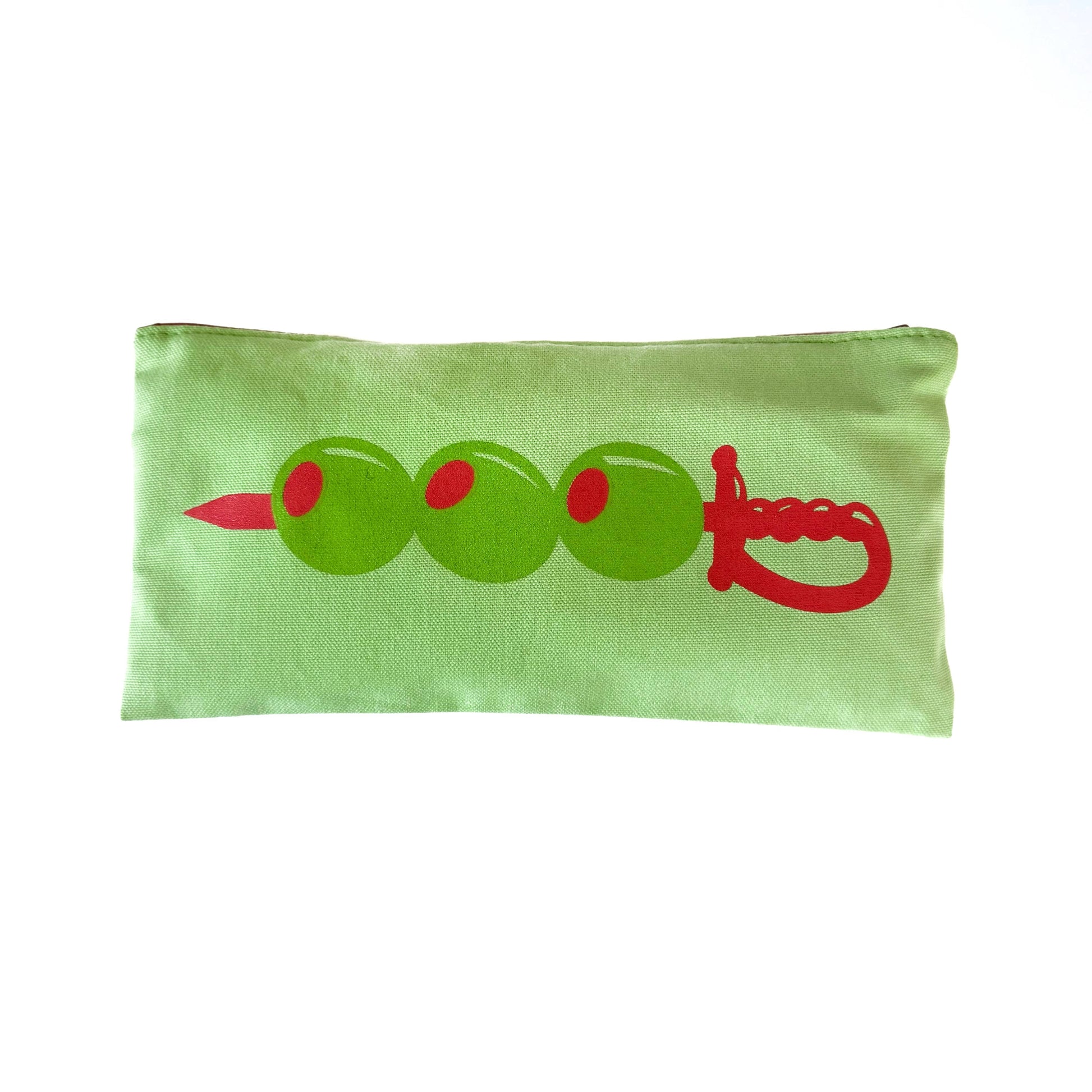 Green pouch with a red and green olive design on a white background