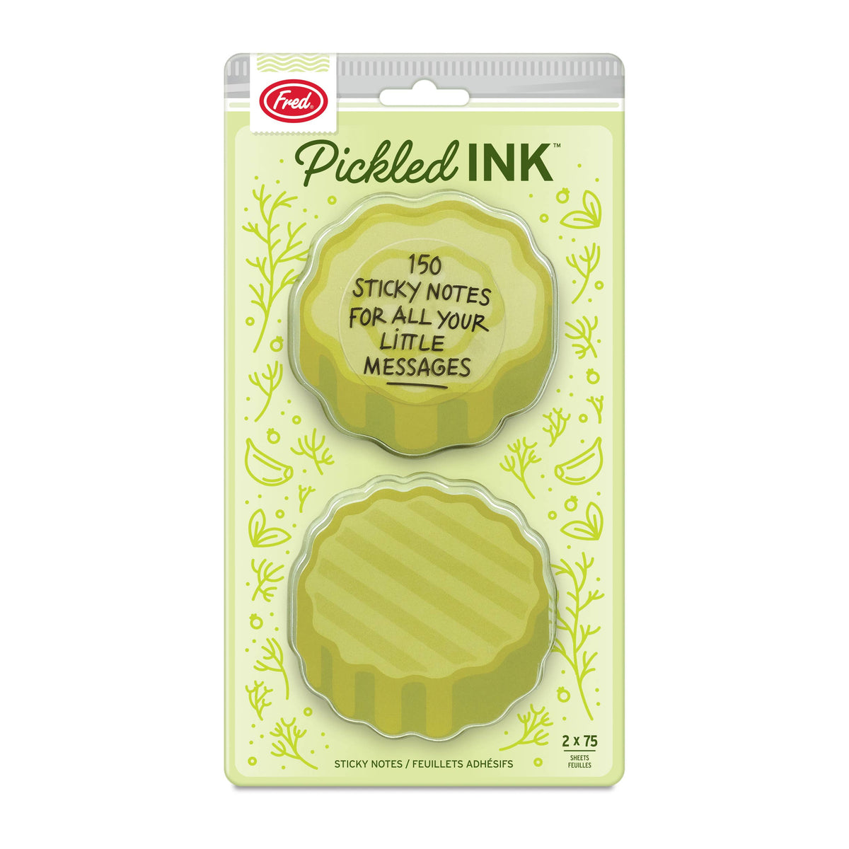 Fresh Pickled INK sticky notes in a light yellow-green pickle style, packaged in a clear plastic sleeve with a light green backing card featuring botanical illustrations.