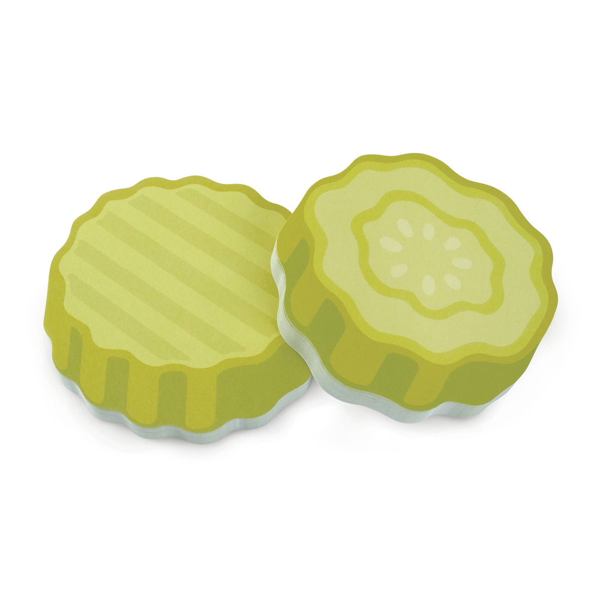Two round, scalloped-edged pickle slice sticky notes in light green and yellow-green tones, shown on a plain white background.
