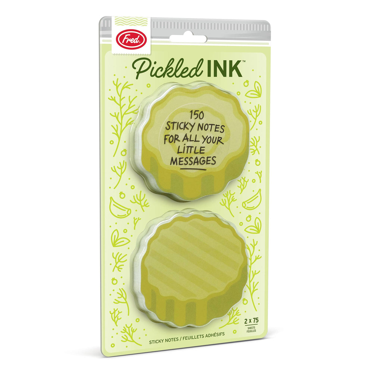 Pickled INK Sticky Notes adhesive set in retail packaging, featuring two scalloped circular sticky notes in a pale yellow-green hue on a light green card with decorative botanical illustrations.