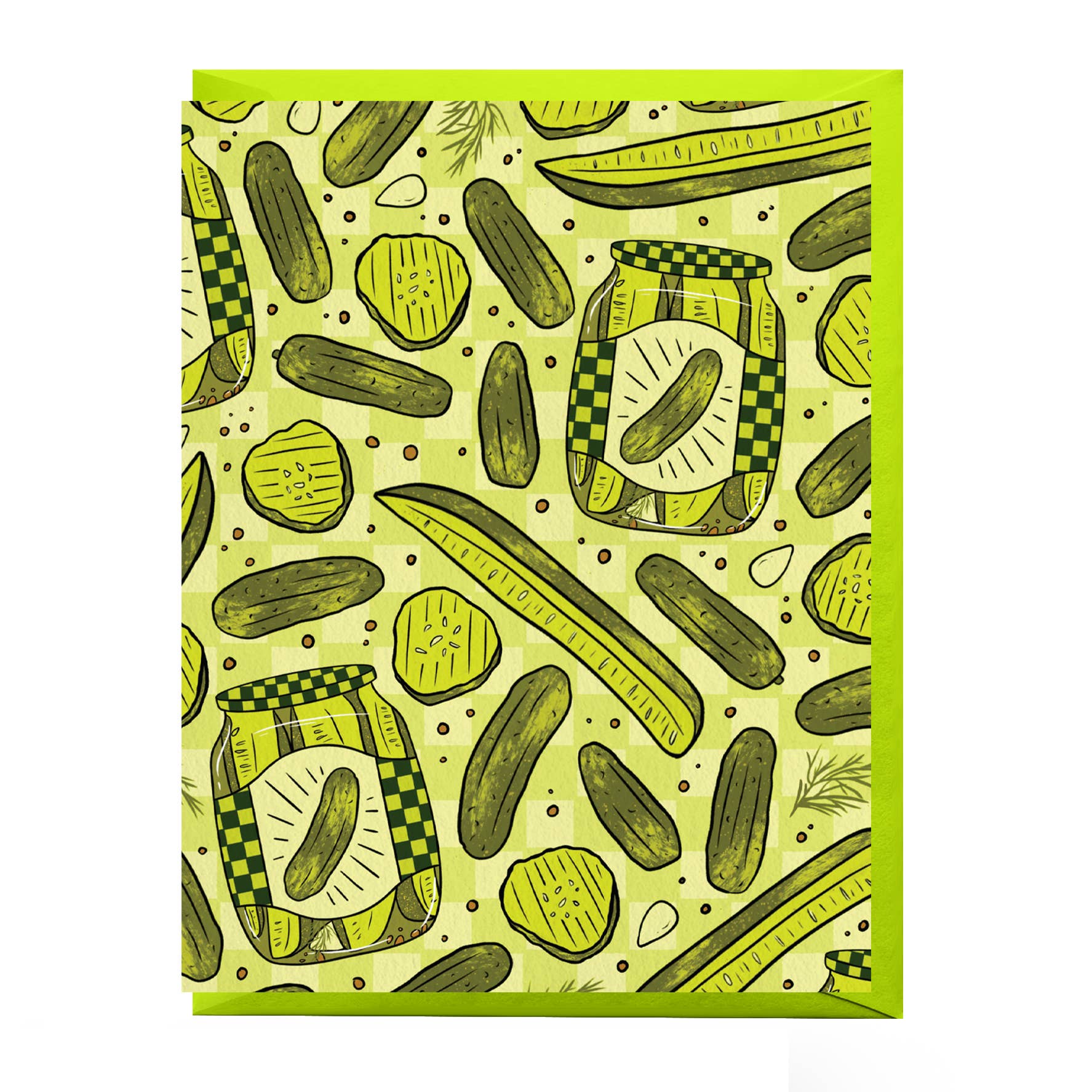 Card is blank and features a repeating pattern of pickle jars, pickle slices and spears in a green checkerboard motif.