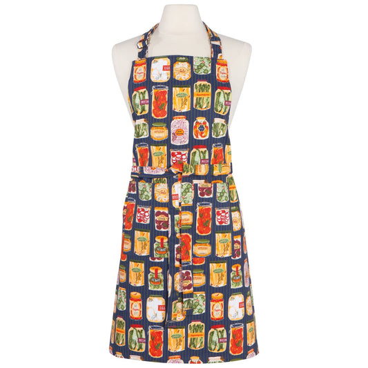 Colorful apron with pickled foods packaging design on a mannequin against a white background