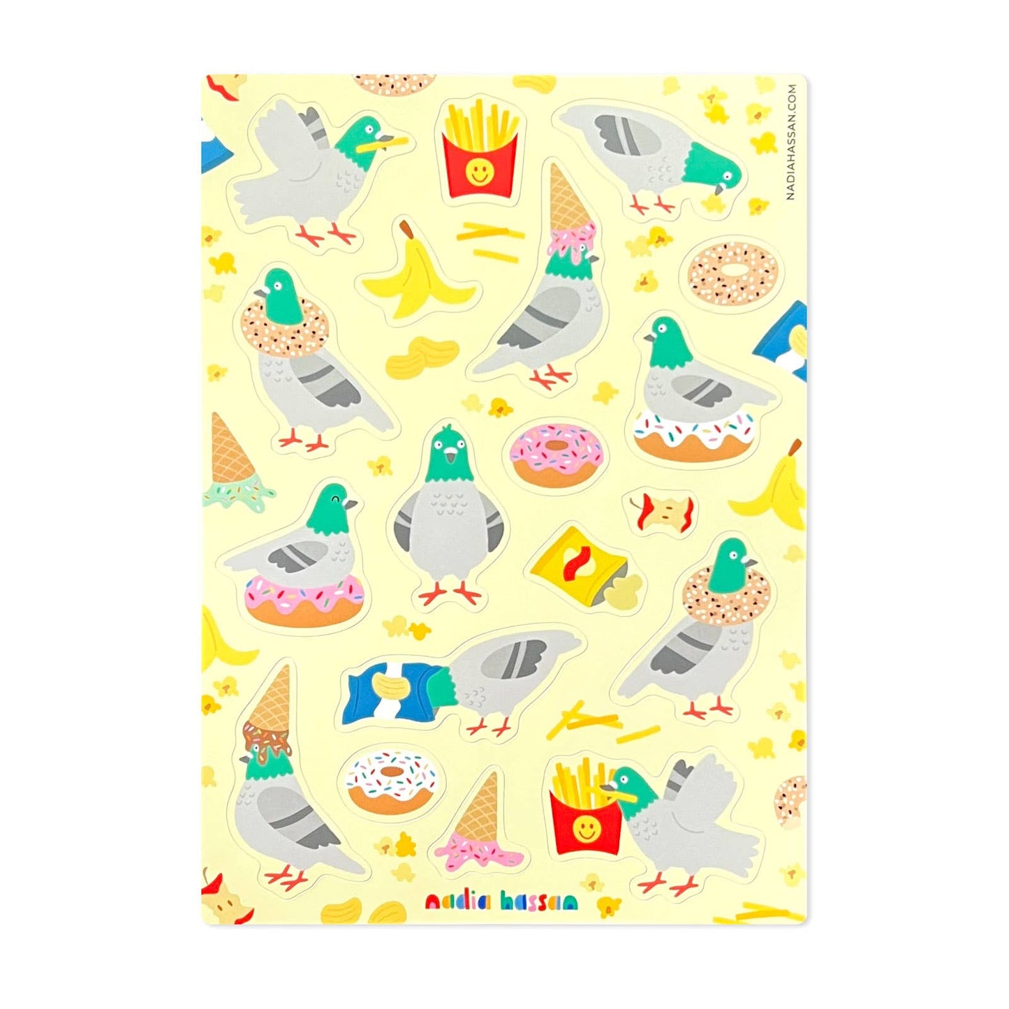 Sticker sheet with colorful illustrations of pigeons, food items, and birds on a yellow background.