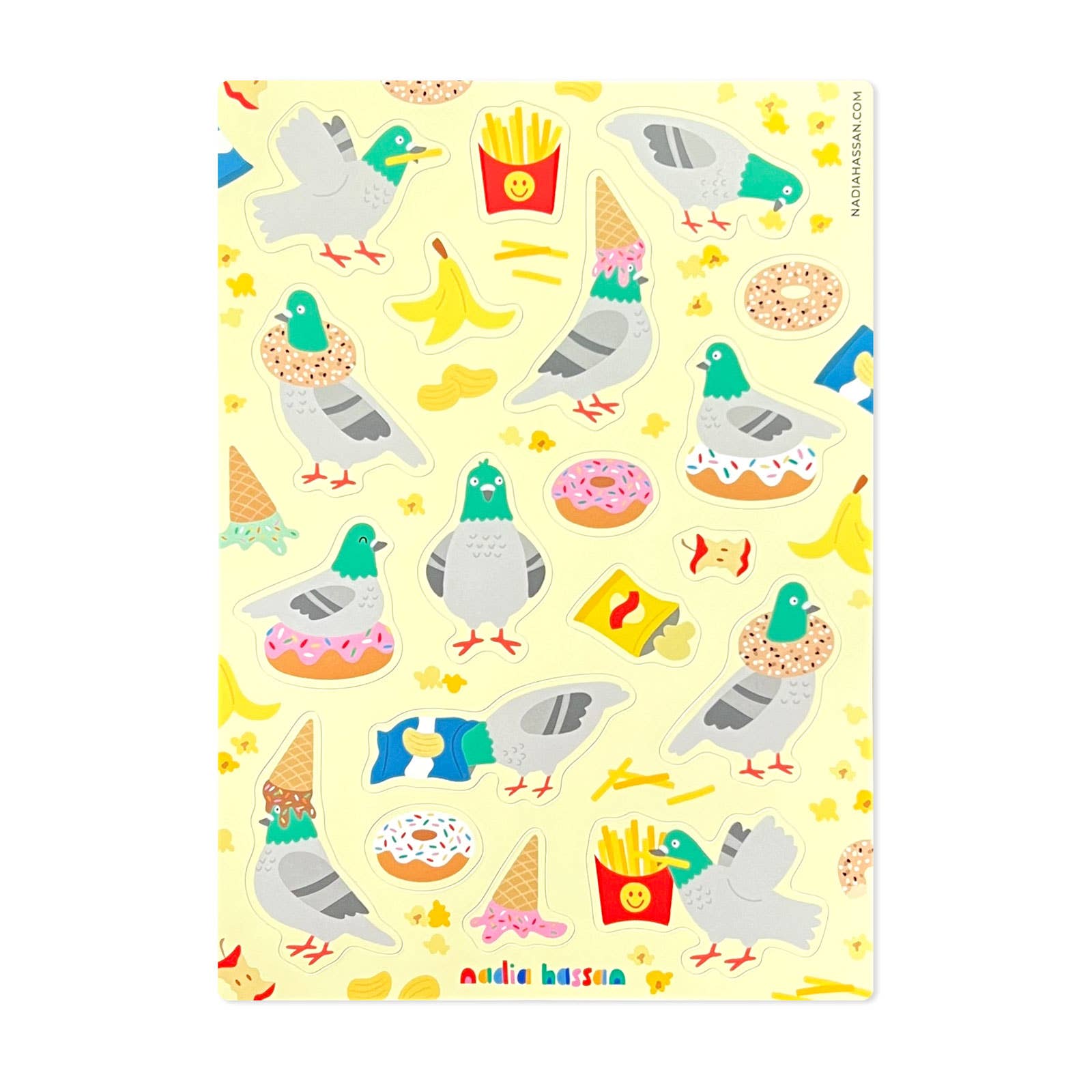 Sticker sheet with colorful illustrations of pigeons, food items, and birds on a yellow background.