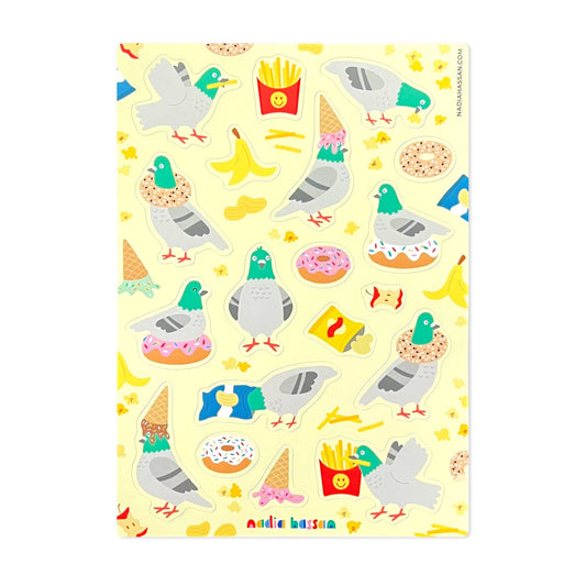 Sticker sheet with colorful illustrations of pigeons, food items, and birds on a yellow background.