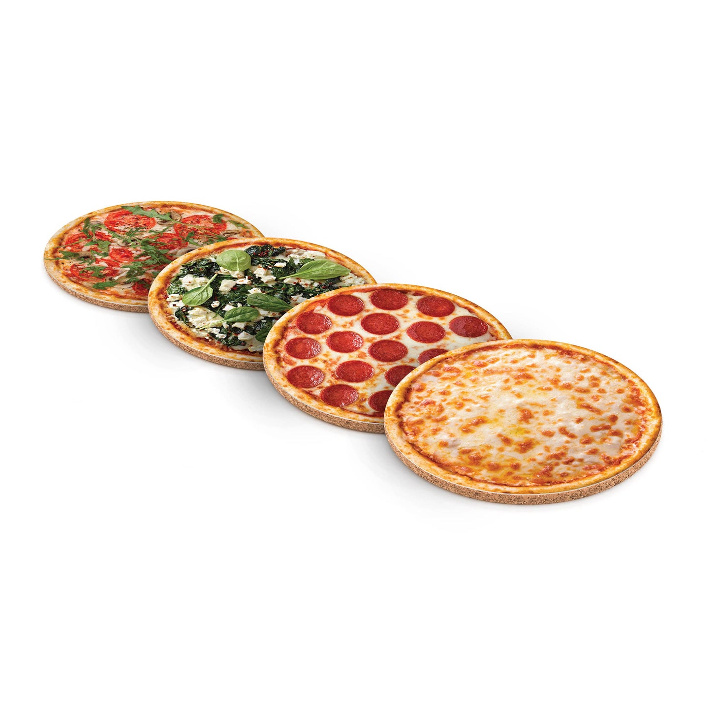 4 different coasters that look like Pizzas: cheese, pepperoni, spinach feta, and tomato mustroom. 