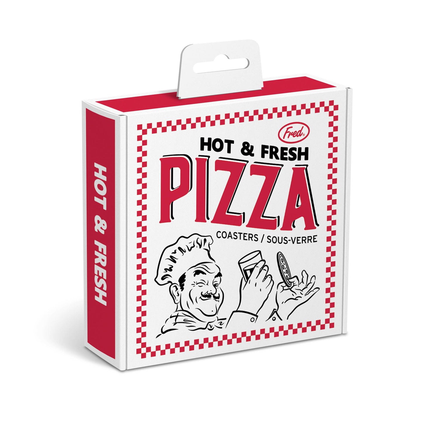 Pizza box display. Text reads: Hot & fresh pizza. Coasters/