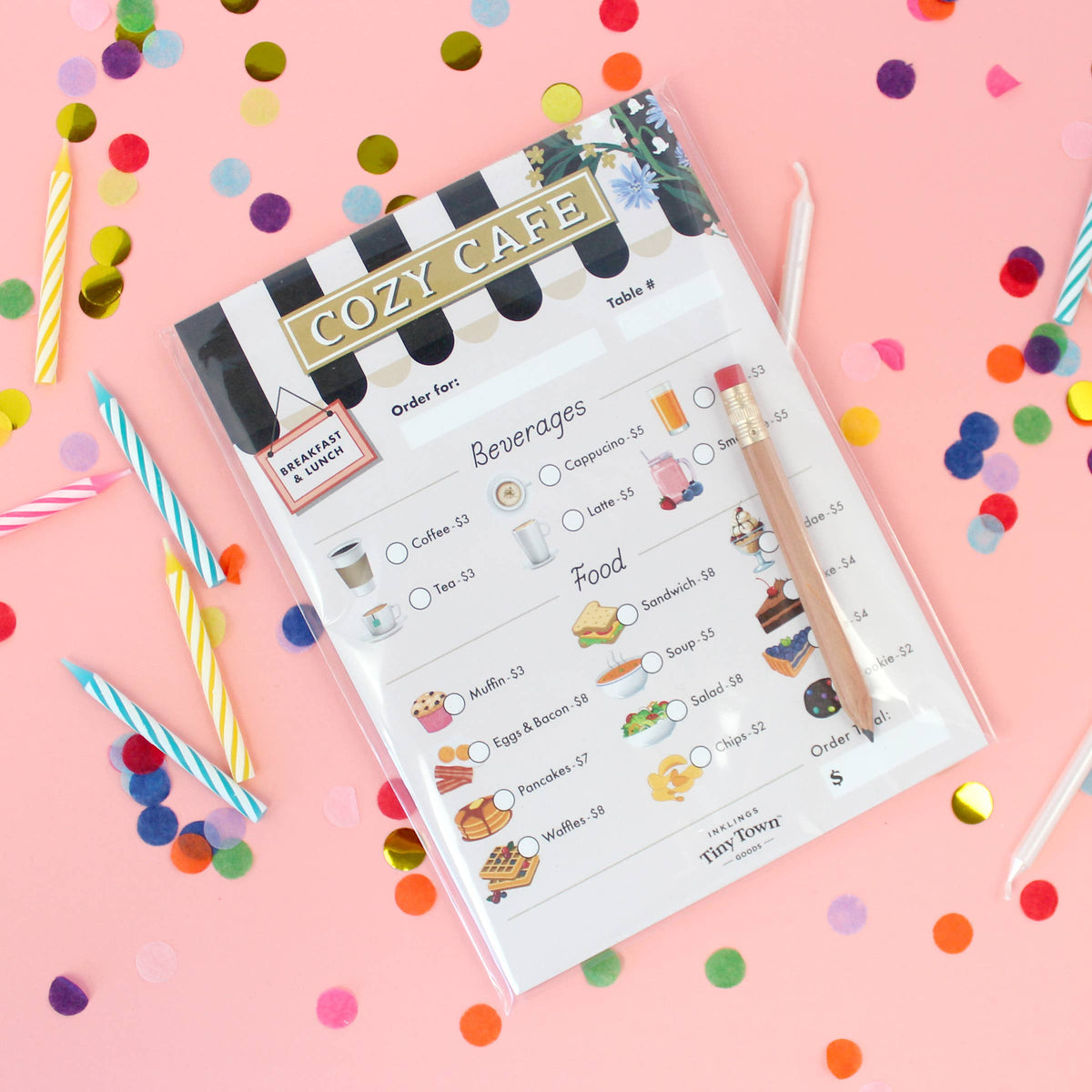 Menu for Cozy Cafe with colorful confetti and straws on a pink background