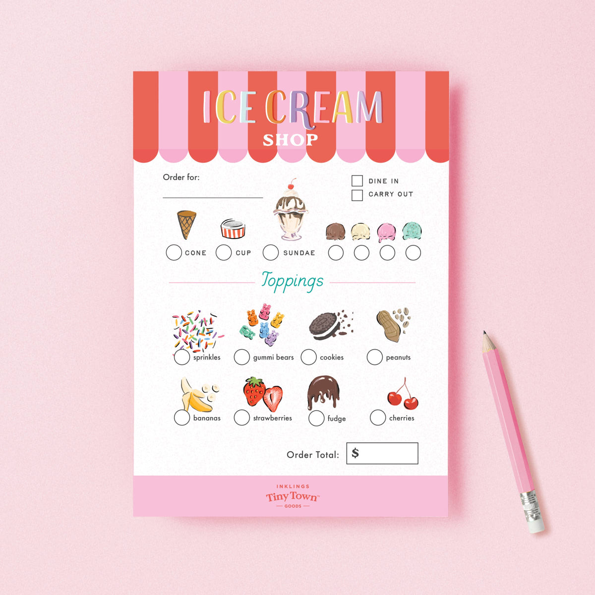 Ice cream order form with toppings on a pink background