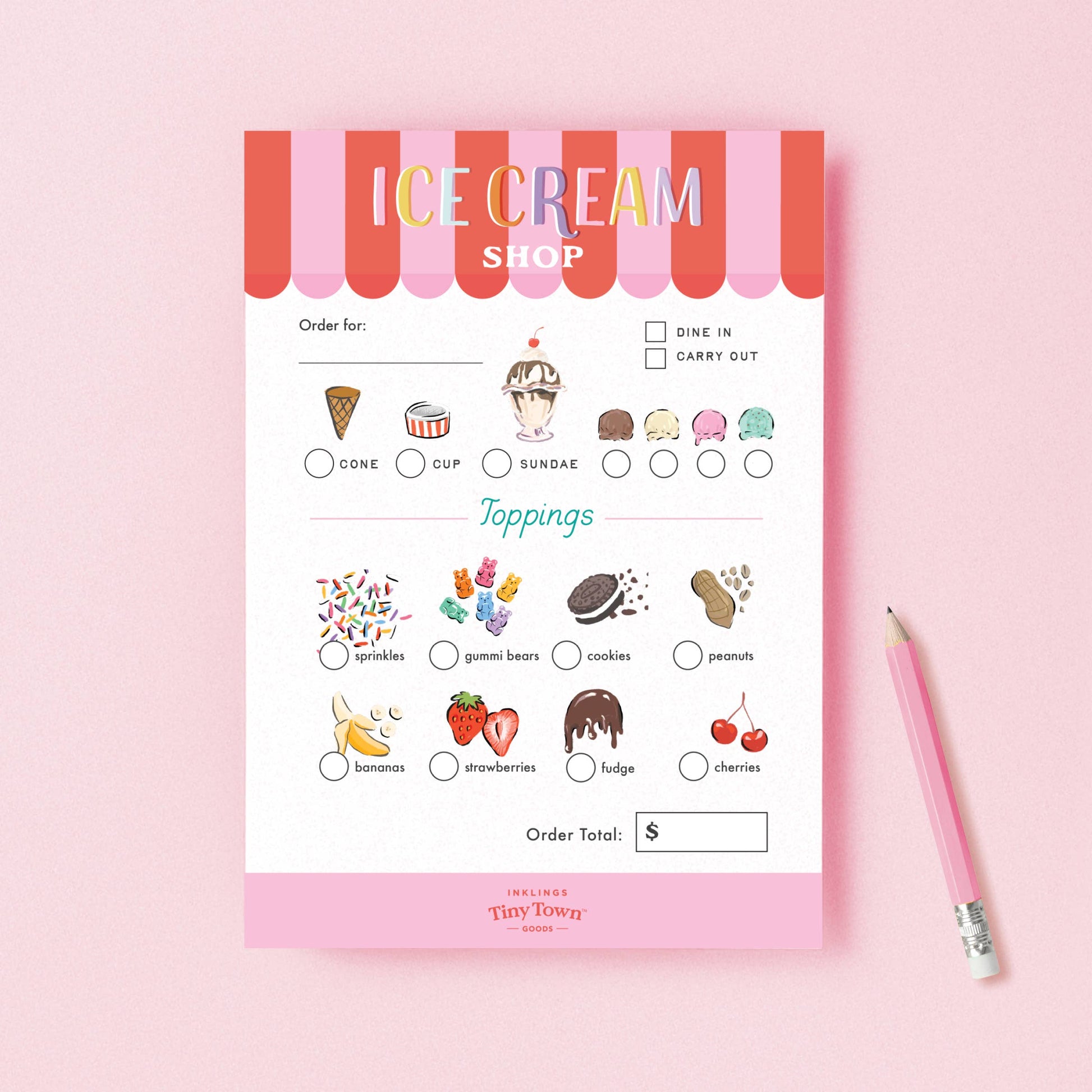 Ice cream order form with toppings on a pink background