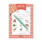 Pizza ordering sheet pretend play notepad with toppings and a pen on a white background