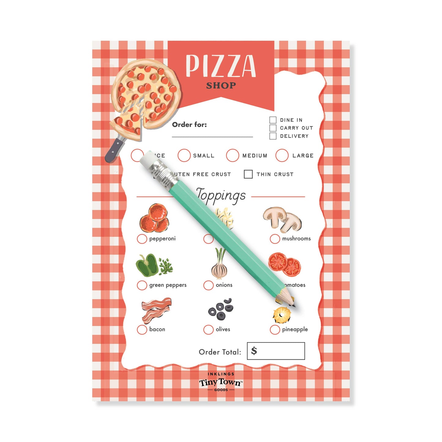 Pizza ordering sheet pretend play notepad with toppings and a pen on a white background