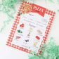 Pizza shop order form with toppings and checkered border on a white background with green decorative elements.