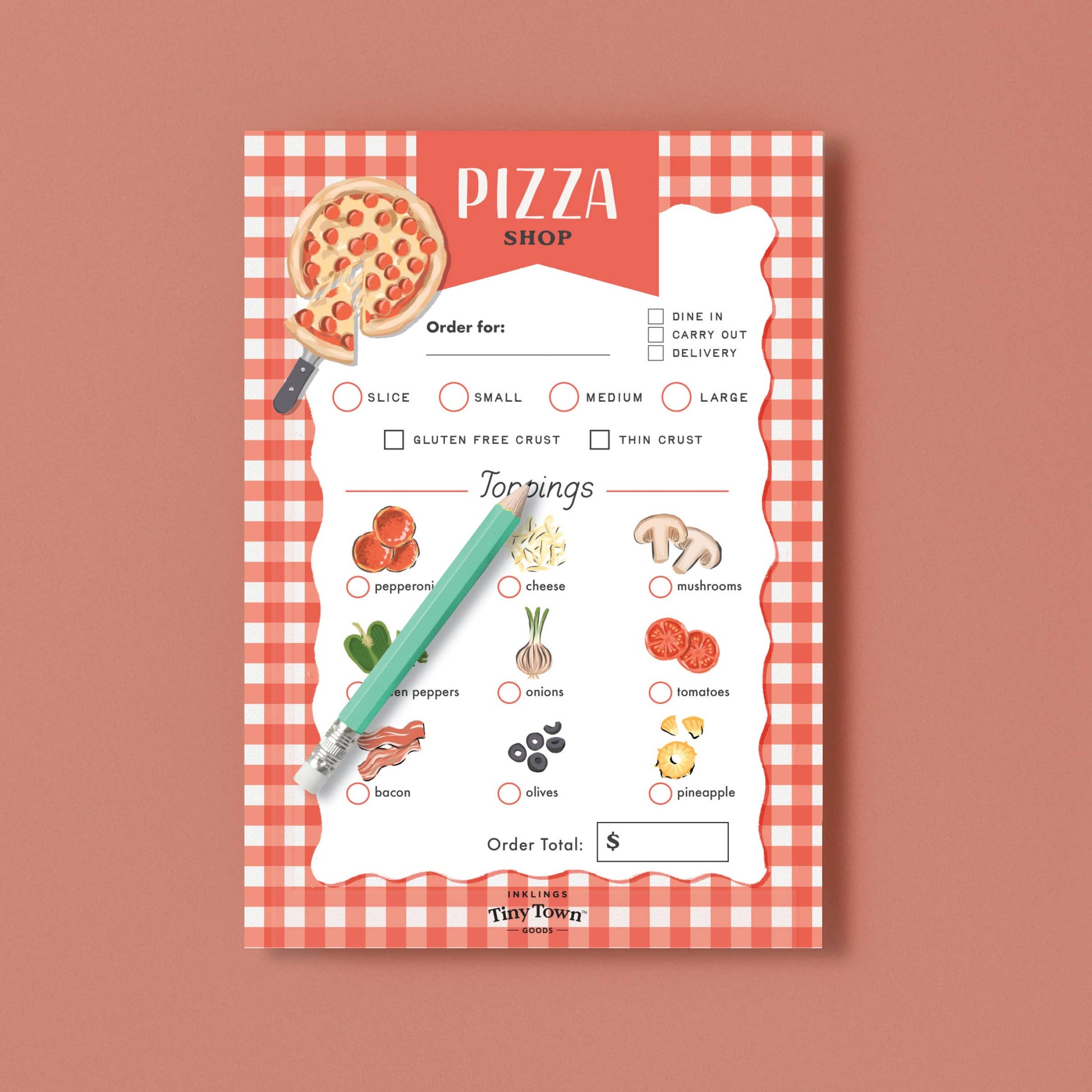 Pizza ordering sheet pretend play notepad with toppings and a pen on a white background