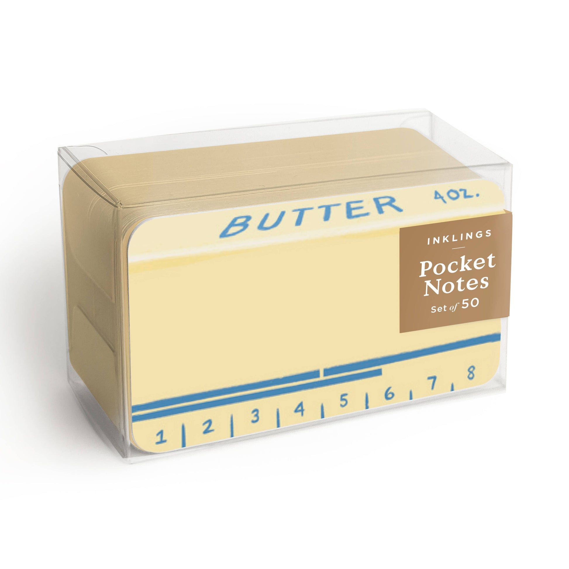 A clear plastic box of Inklings Butter Pocket Notes set of 50, featuring pale yellow sticky notes with blue measurement lines and text.