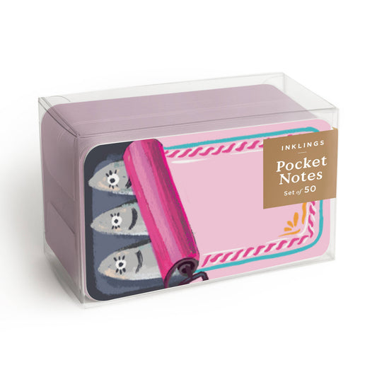 Set of 50 notecards with a cute and vibrant sardine can design 