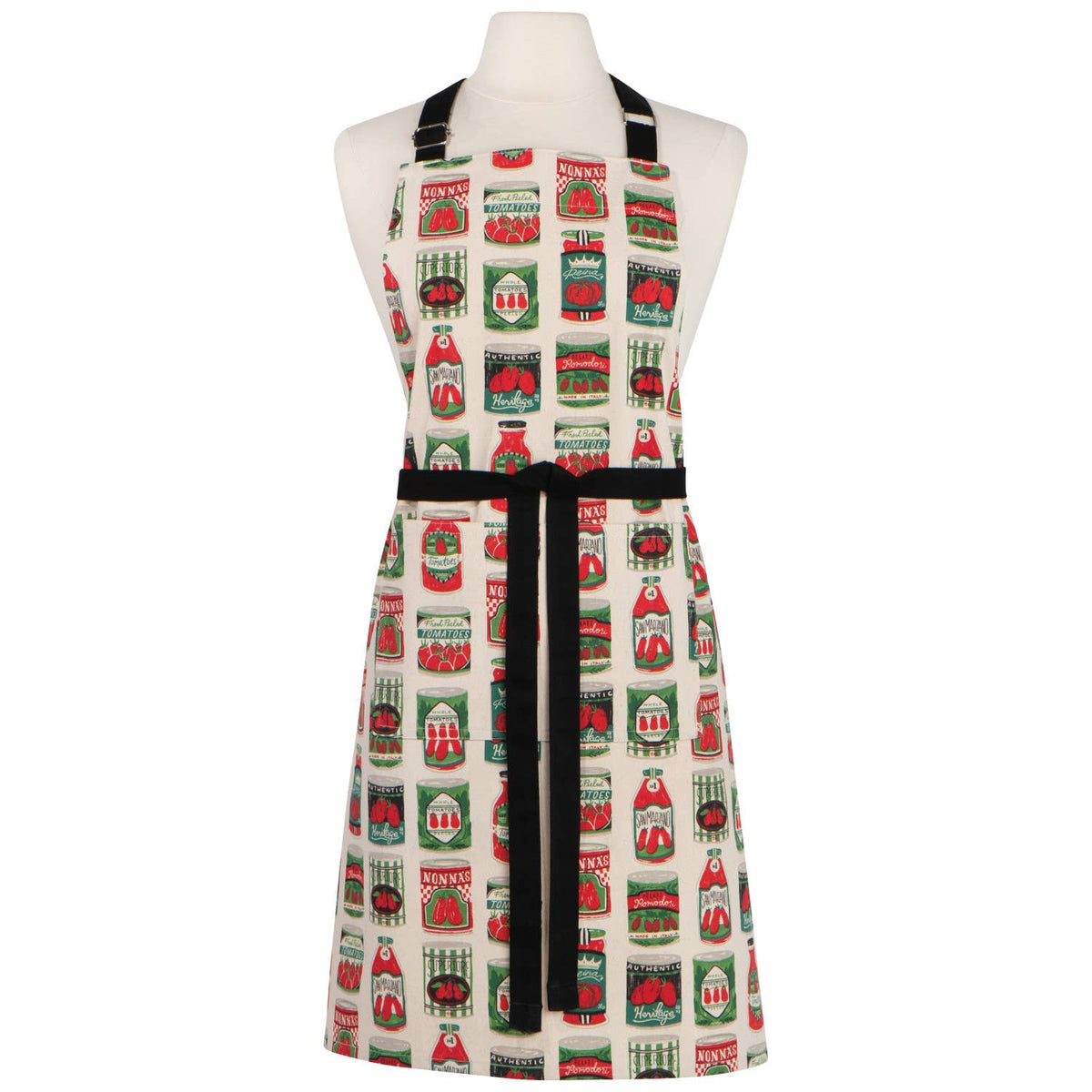 Apron with vintage-style tomato product packaging design on a mannequin against a white background