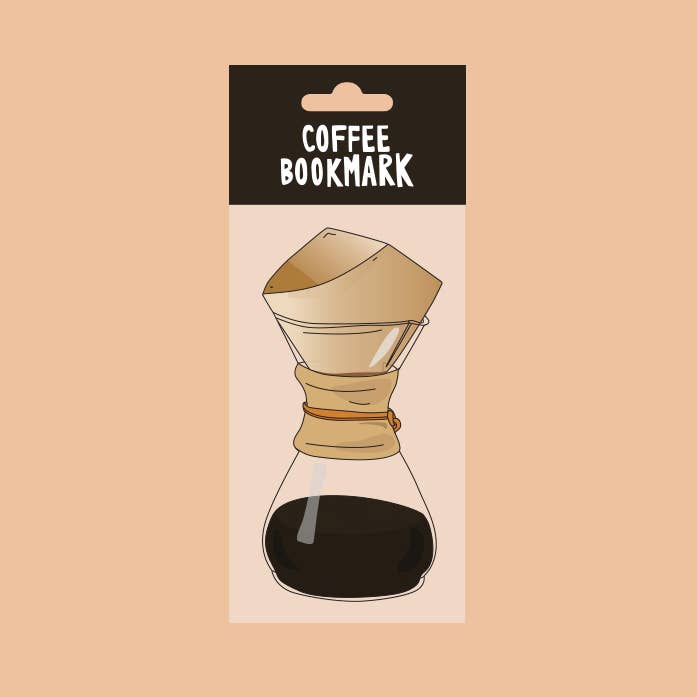 Bookmark shaped like a classic glass pour over coffee maker with wood grip and paper filter.