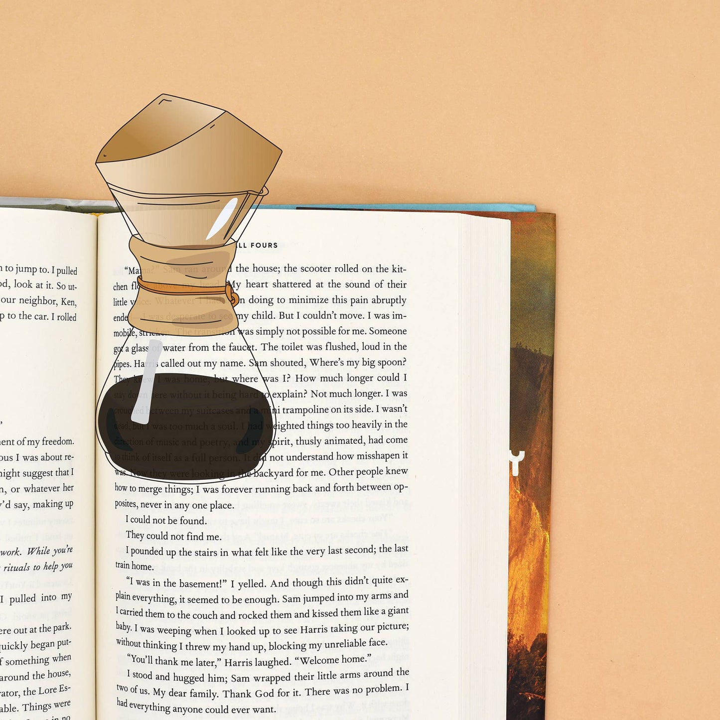 Bookmark shaped like a classic glass pour over coffee maker. Shown inside an open book.