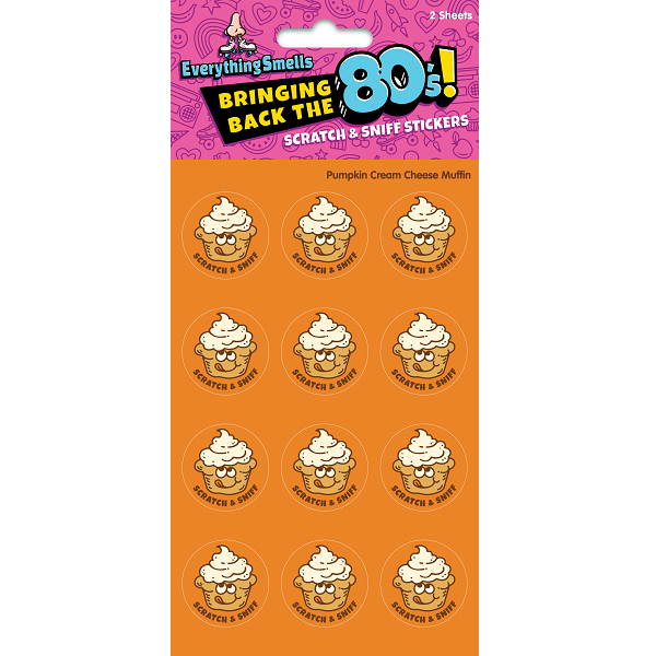 Pack of scratch and sniff stickers with cartoon pumpkin muffins on an orange background