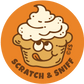 sticker design of a cupcake with eyes and a mouth, featuring the text 'Scratch & Sniff'.
