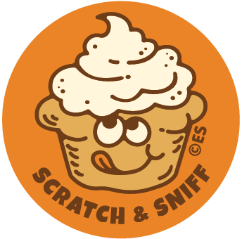 sticker design of a cupcake with eyes and a mouth, featuring the text 'Scratch & Sniff'.