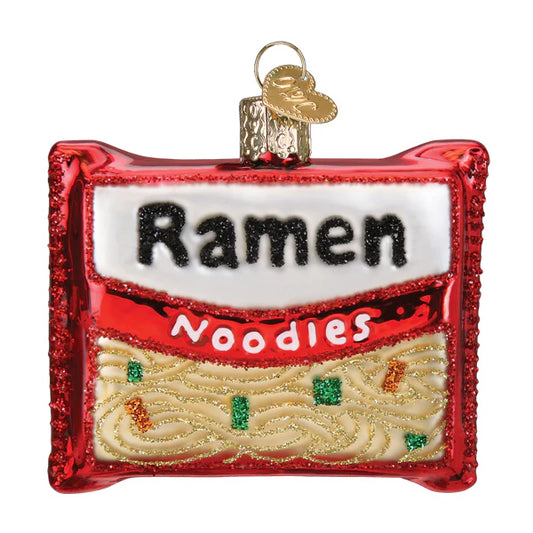 Glass holiday ornament that looks like a package of instant ramen noodles. 