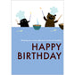 Birthday card with cartoon characters cooking noodles and text 'Happy Birthday'.