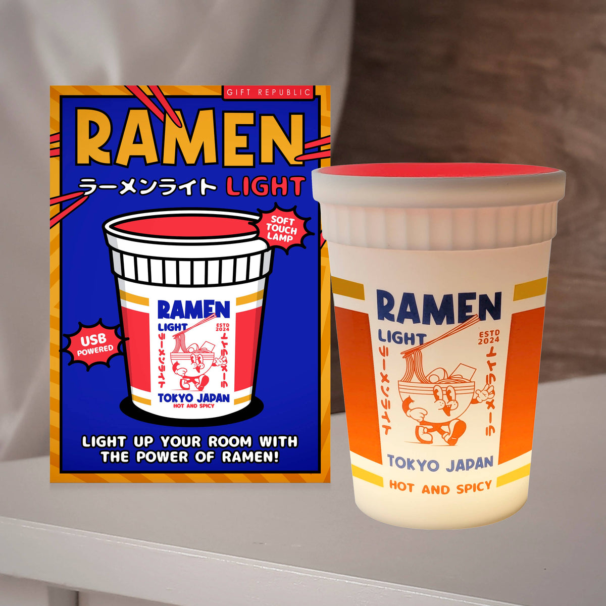 USB-powered ramen cup light with packaging on a neutral background