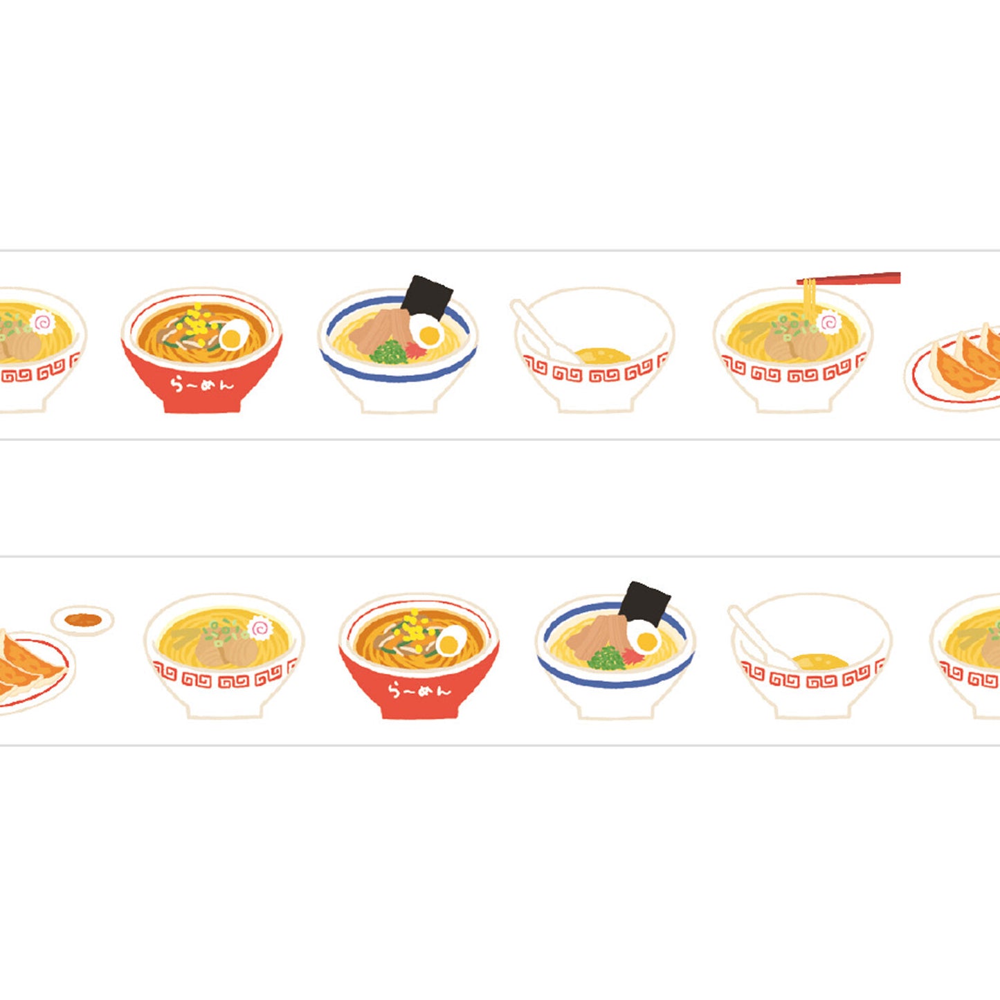 Pattern of ramen bowls on washi tape. Different styles of ramen, some with chopstickes, and some bowls empty.