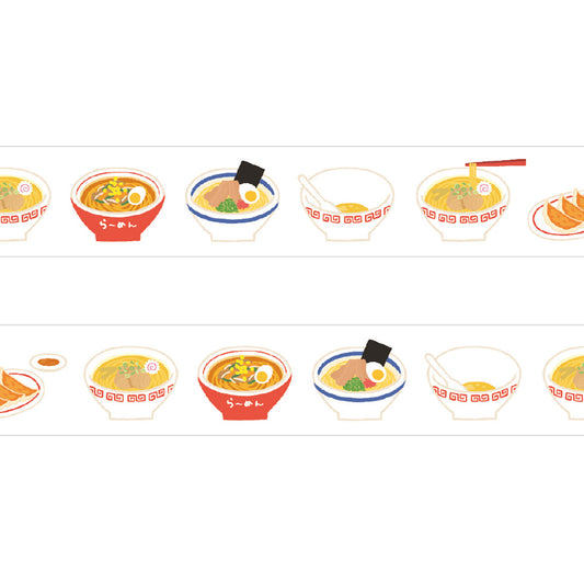 Pattern of ramen bowls on washi tape. Different styles of ramen, some with chopstickes, and some bowls empty.