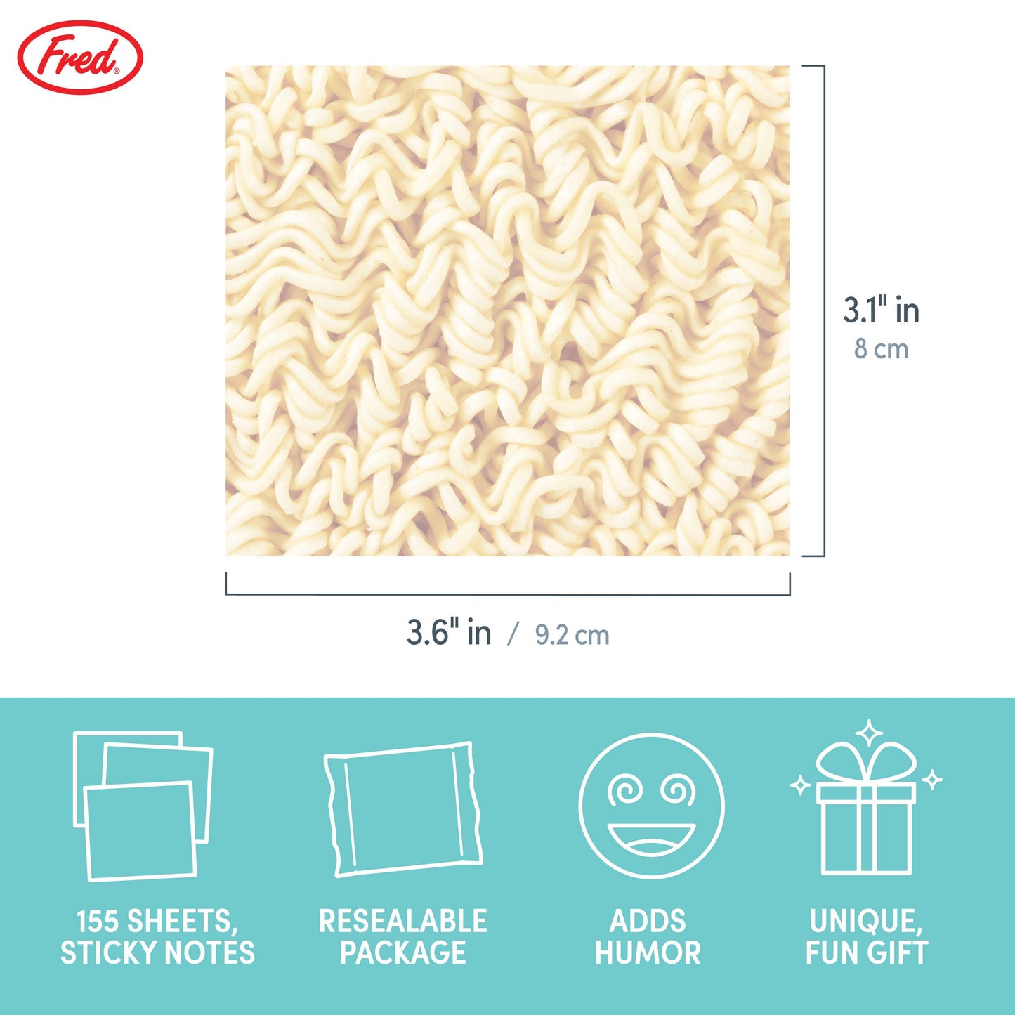 Size Guide for the Ramen sticky-notes. 3.1 inches by 3.6 inches. 155 sheets, resealable package, adds humor, unique gift.