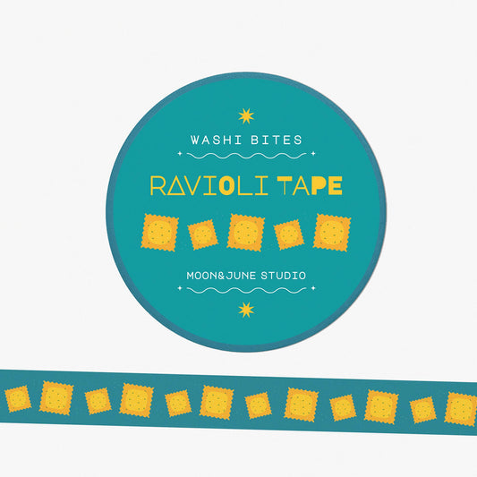 teal background washi tape with yellow ravioli design 