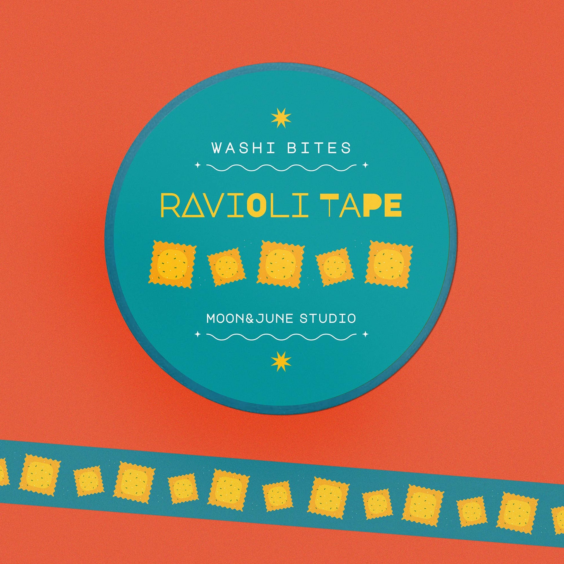 teal background washi tape with yellow ravioli design 