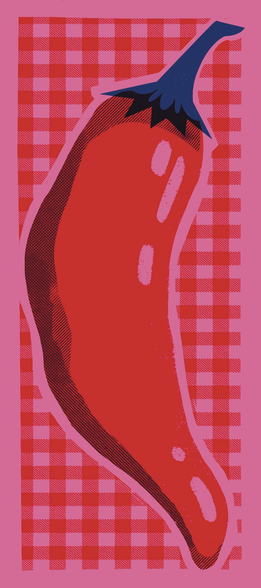 Red pepper with blue top design on a pink checkered background