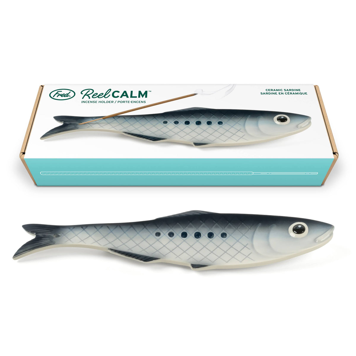 A fish-shaped ceramic stick incense holder and its retail box by Fred Reel Calm, displayed on a clean white background.
