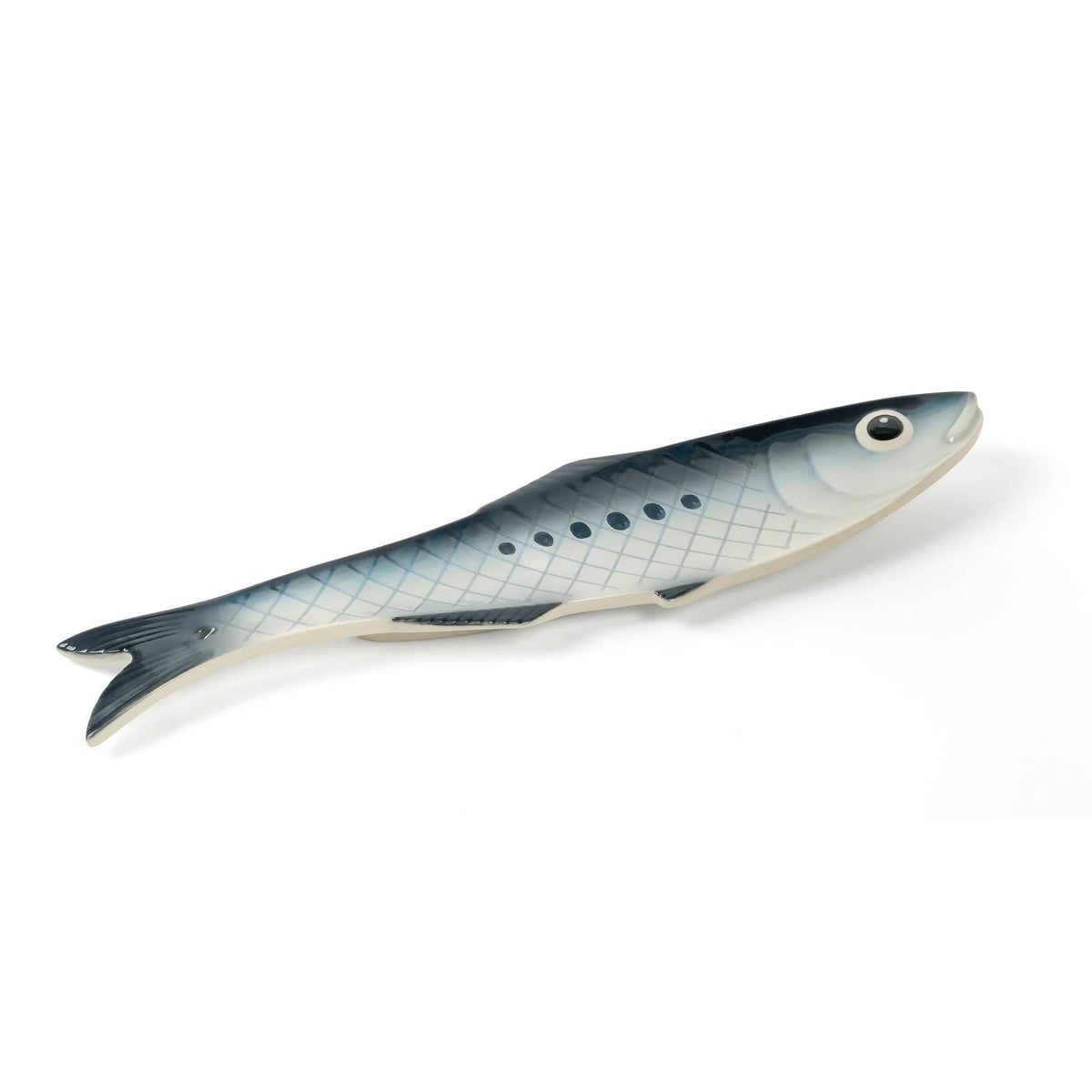 A realistic fish-shaped ceramic incense holder shown on a plain white background. It features a blue-gray and white pattern with a detailed eye.