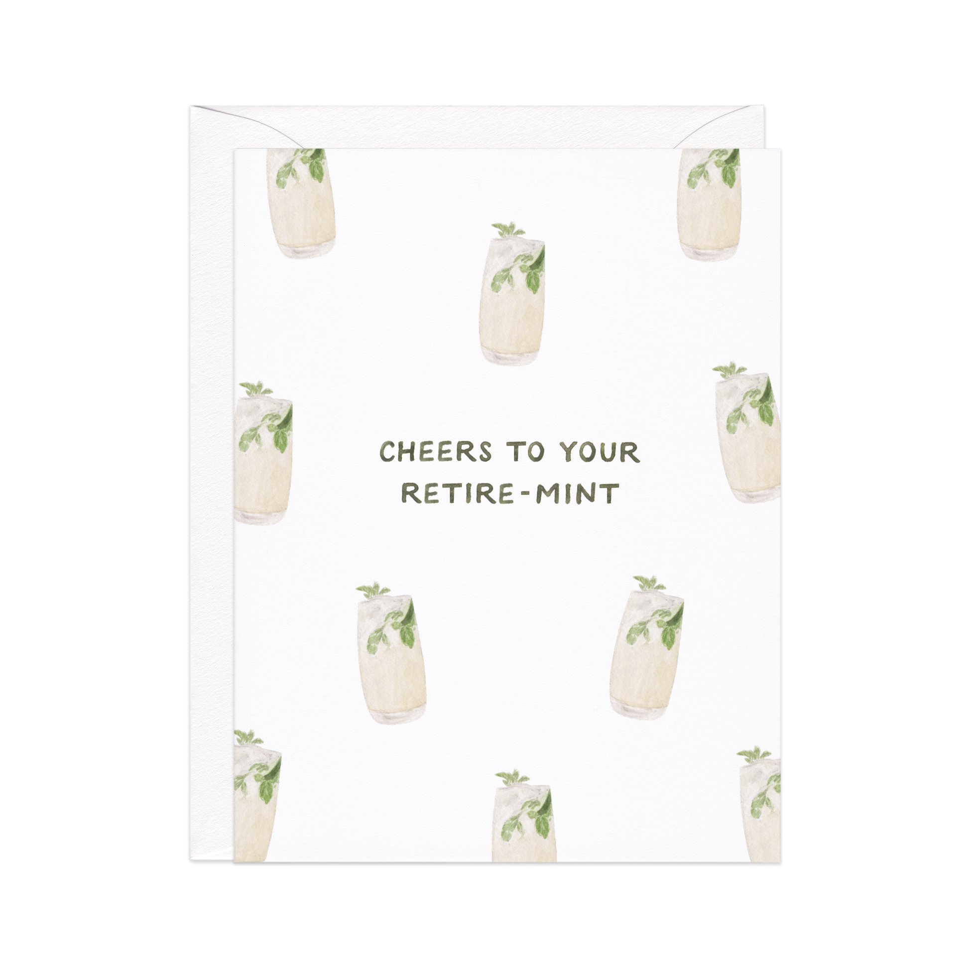 Greeting card with cocktail illustration and text 'Cheers to your retire-mint' on a white background