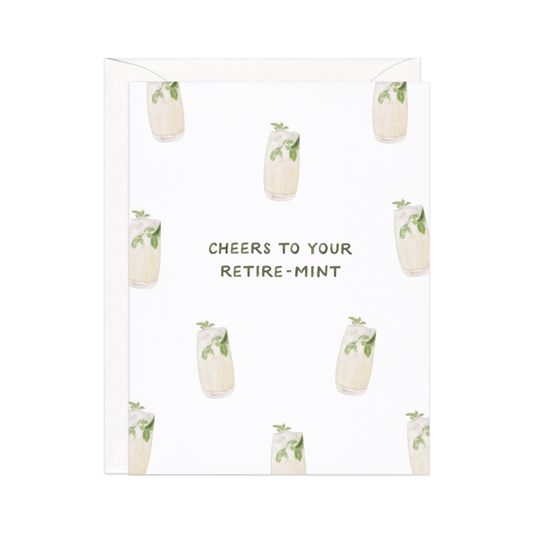 Greeting card with cocktail illustration and text 'Cheers to your retire-mint' on a white background