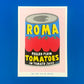 Illustration of a can of Roma peeled plum tomatoes on a blue background