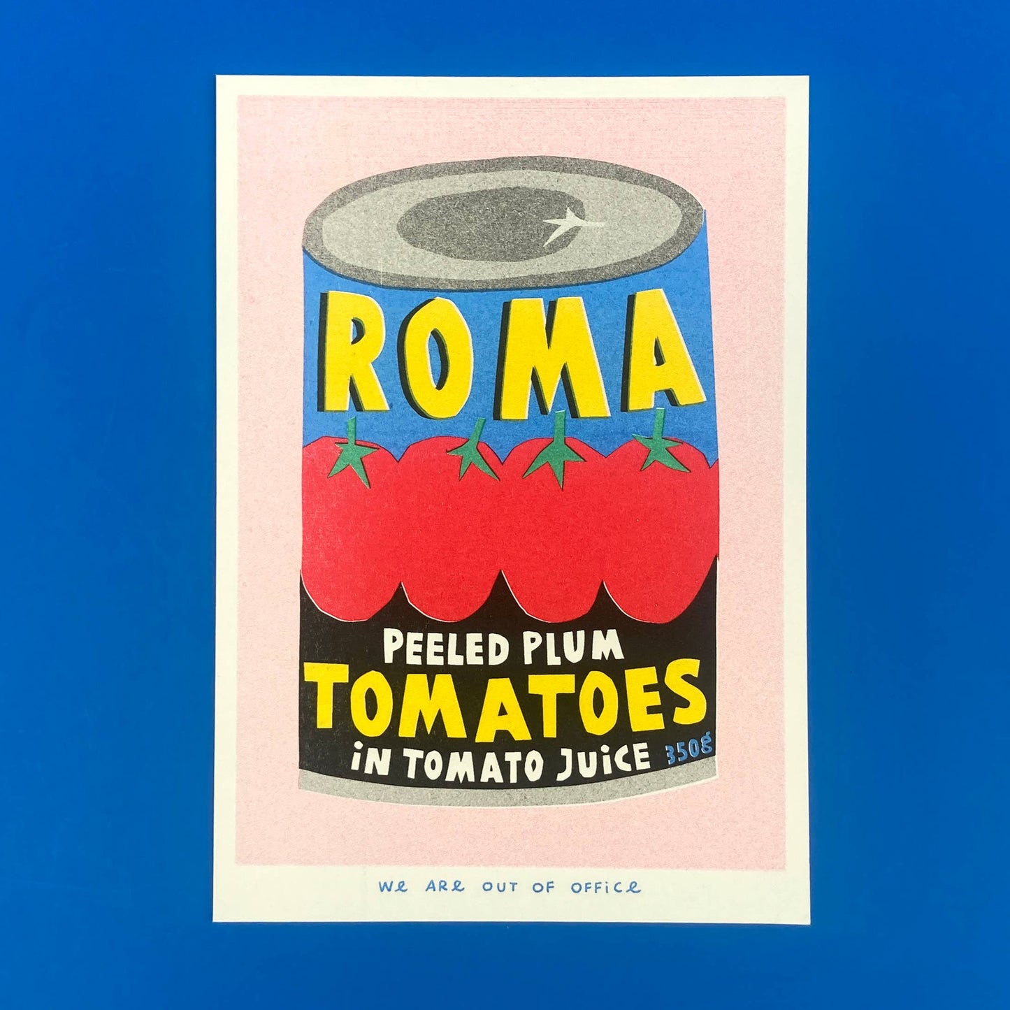 Illustration of a can of Roma peeled plum tomatoes on a blue background