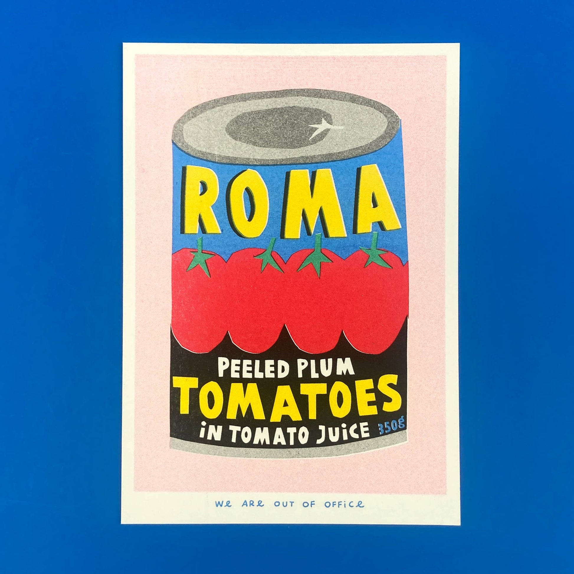 Illustration of a can of Roma peeled plum tomatoes on a blue background