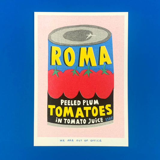 Illustration of a can of Roma peeled plum tomatoes on a blue background