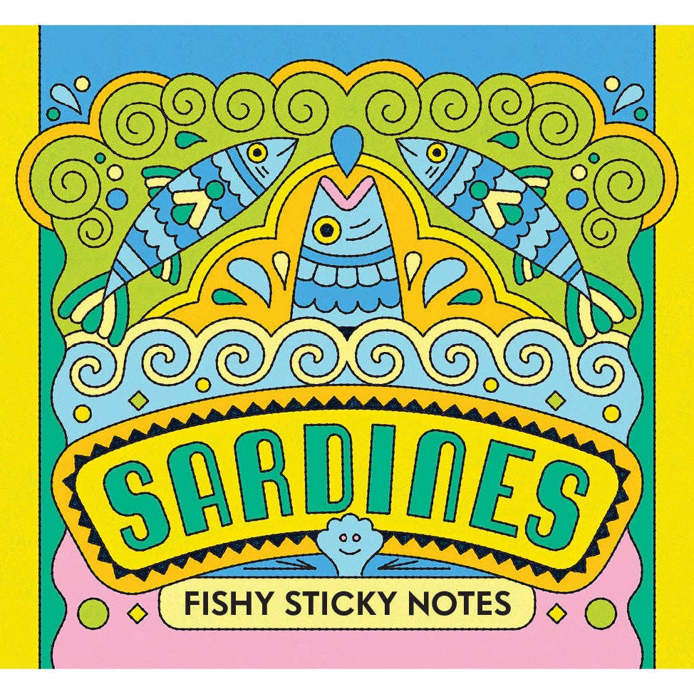 Colorful packaging of 'Sardines Fishy Sticky Notes' with decorative design.