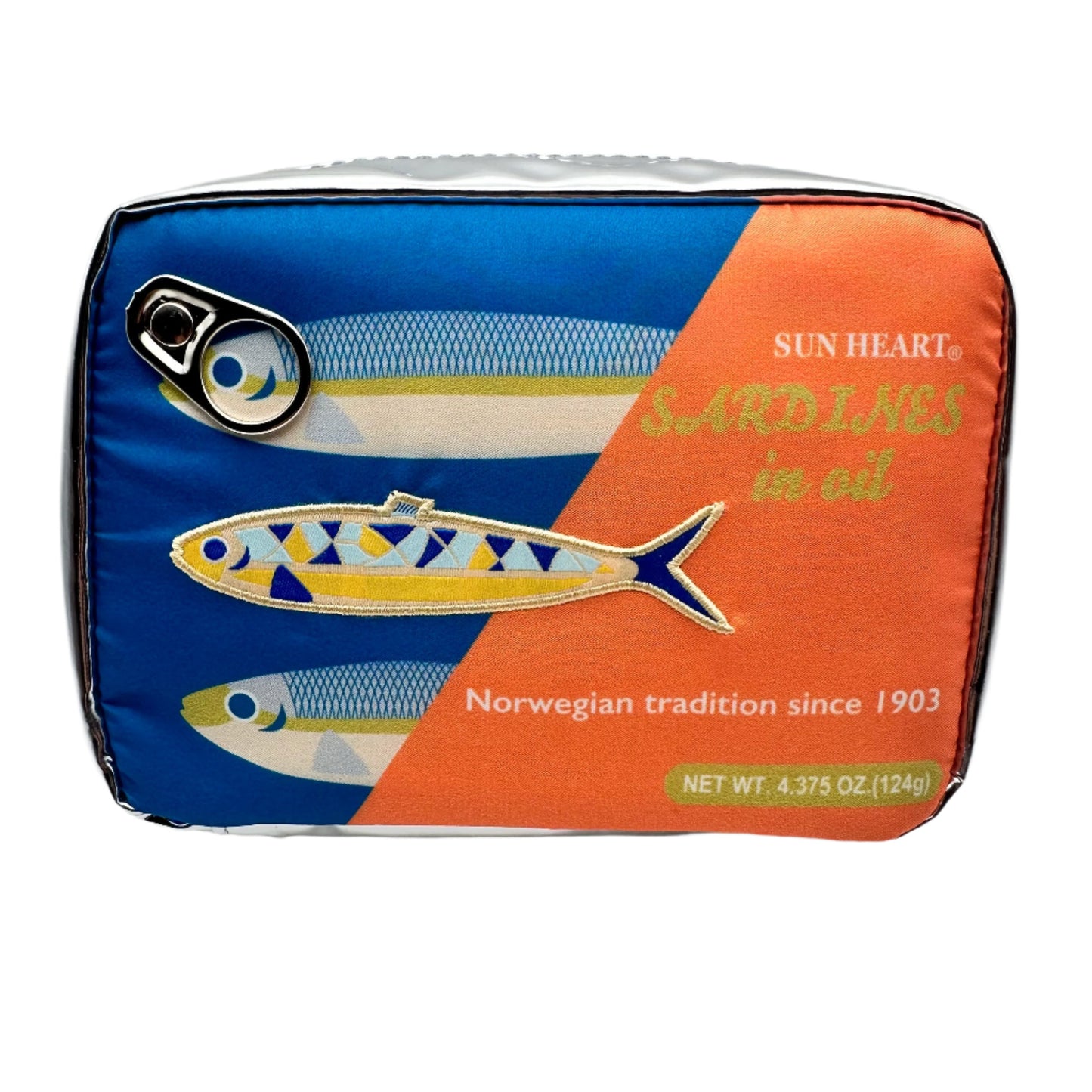 Pouch that looks like a can of sardines. It has a pull-tab and three fish on the front.