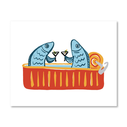 Art print with two sardines coming out of a tinned fish can, each holding a martini