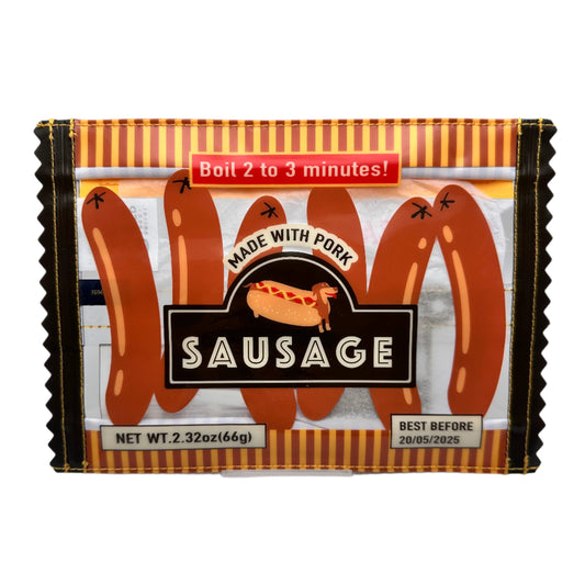 A pouch made to look like a sausage container. Text that reads "Boil in 2-3 minutes. Made with Pork Sausage" with fake newt weight and best by date.